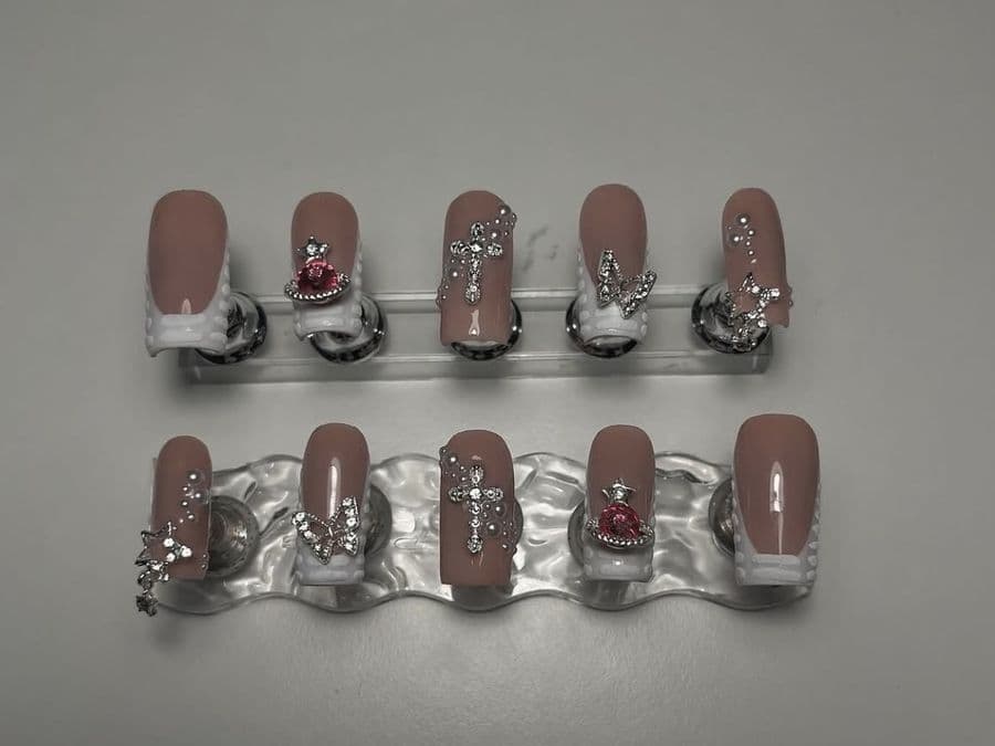 Full press-on set of square nails with dotted french tips and crystal charms