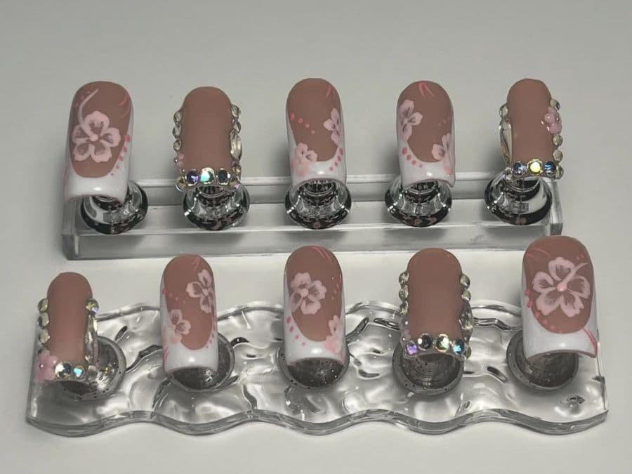 Full press-on set of square nails with hand-painted hibiscus flowers and crystal edging